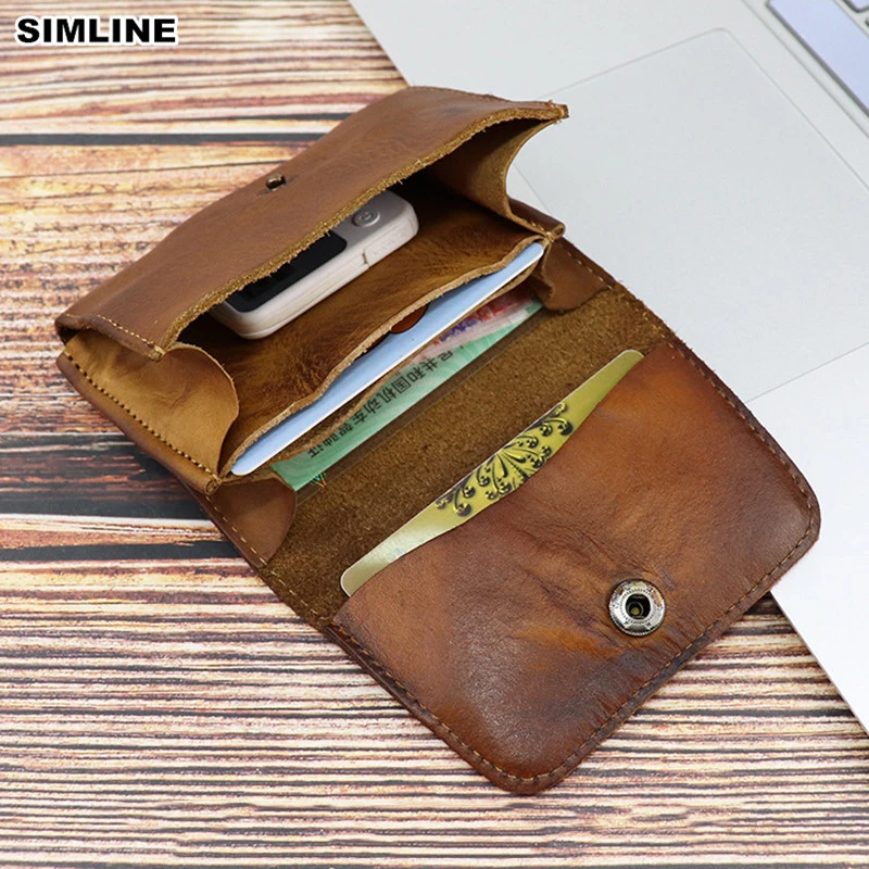 Genuine Leather Card Holder For Men Women Vintage Handmade Short Credit Card Case Purse With Coin Pocket Small Slim Wallet Male