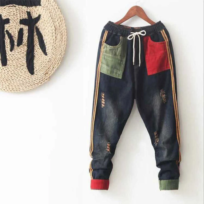 Korea Fashion Women Jeans Elastic Waist Loose Hole Vintage Denim Harem Pants Patchwork pocket Ripped Jean Pants Top quality D116