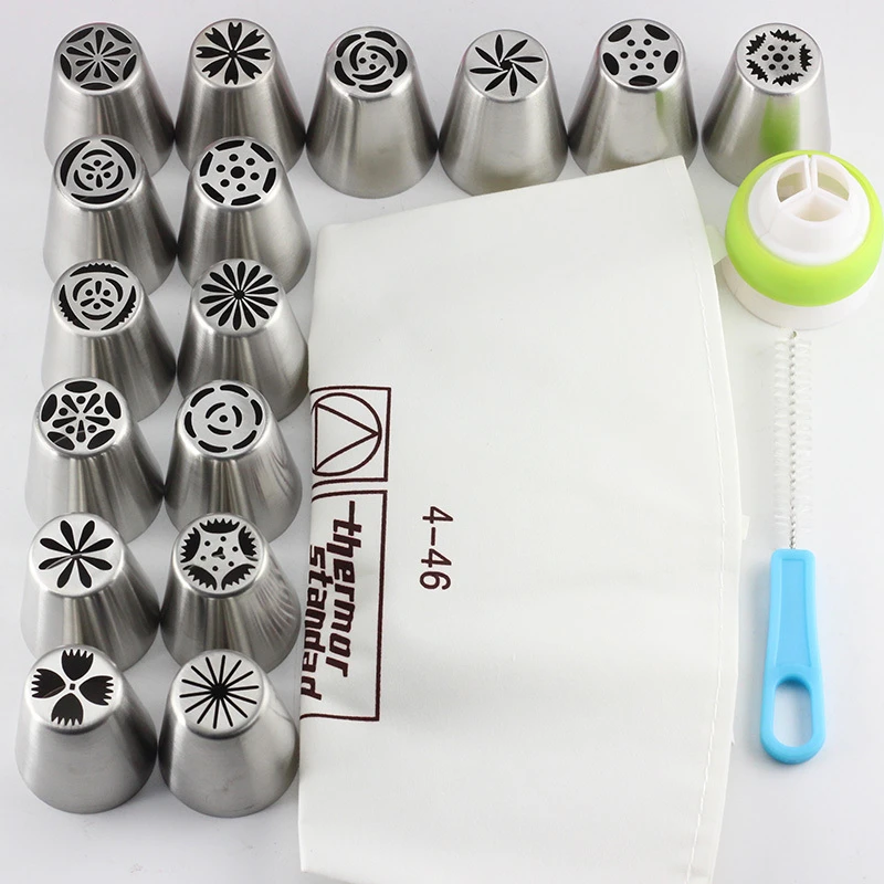 Mujiang 16Pcs Russian Tulip Icing Piping Nozzles Cake Decoration Tips 1 Pcs Cotton Pastry Bag DIY Biscuits Pastry Baking Tools