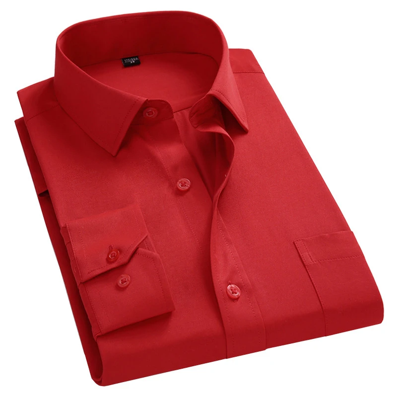 2021 New Men Business Casual Long Sleeved Shirt For Male Solid Color Dress Shirts Slim Fit Chemise Homme Camisa Social Red 8XL