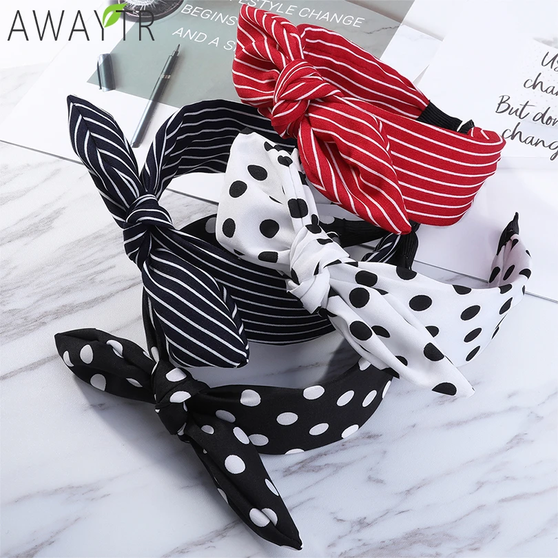 Rabbit Ears Cloth Striped Print Wide Side Bow Headband Hair Hoop Fashion Ladies Dot Solid Hair Band For Girl Hair Accessories