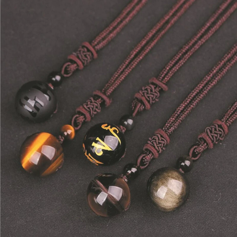 Natural Stone 16mm Black Obsidian Tiger Eye Stone Pendant Transfer Lucky Amulet Crystal Pendant Necklace