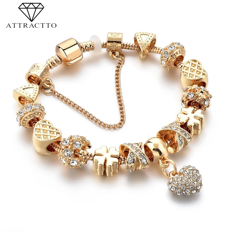 ATTRACTTO Gold Heart Love Charm Bracelets&Bangles For Women Stainless Steel Bracelet Handmade Jewelry Crystal Bracelet SBR190043