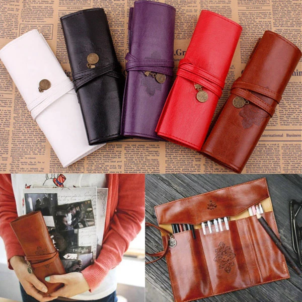 New Style Roll PU Leather Purse Pouch Makeup Pem Pencil Case Cosmetic Bag Retro