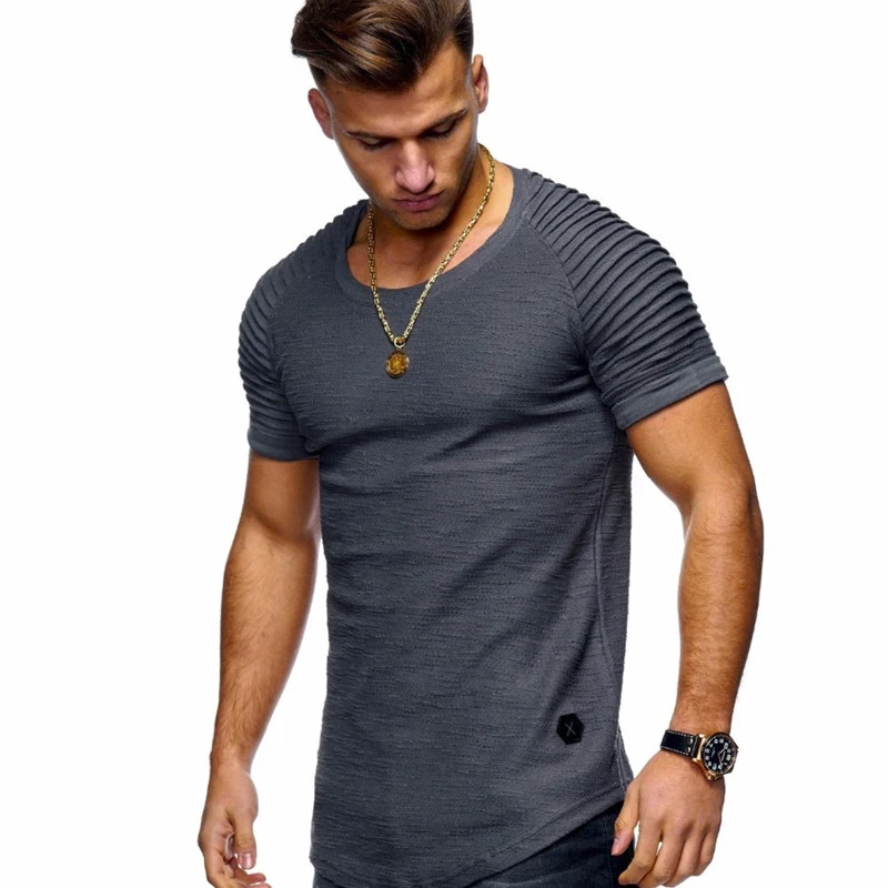 2021 new short-sleeved solid color men's t-shirt pleated shoulder jacquard stripes Slim T-shirt men's casual sports wild T-shirt