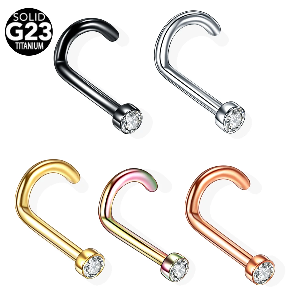 1PC G23 Titanium Crystal Gem Nose Stud Piercing Rose Gold Nose Screw Nazir Piercing Nostril Earring Piercing Jewelry 18G 20G