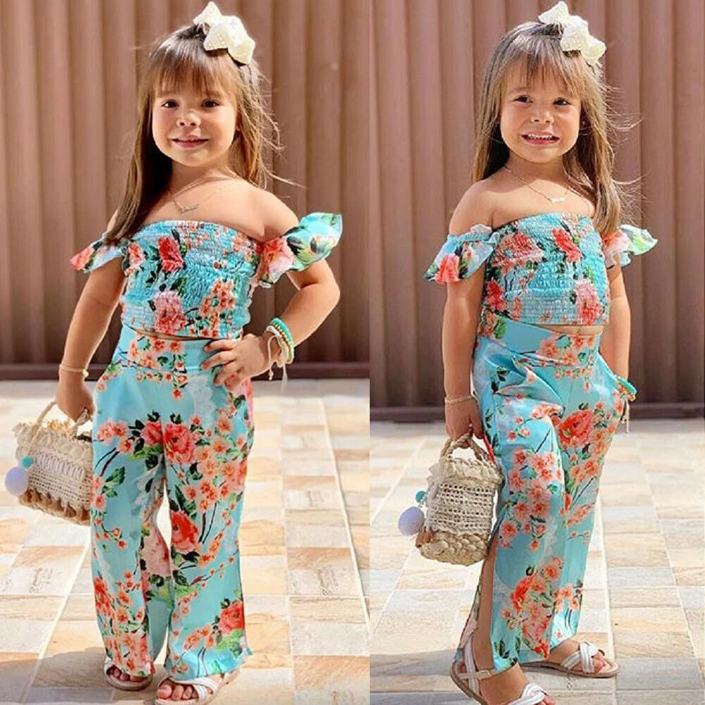 Toddler Kid Baby Girl Floral Summer Clothes Set 2pcs Off Shoulder Crop Tops Long Split Pants Adorable Outfit Set 2-6Years