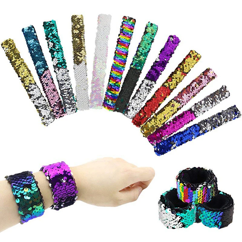 Magic Paillette Mermaid Patted Bracelets Two-Color Sequin Reversible Glitter Slap Bracelets Charms Wristband for Kids Grownups