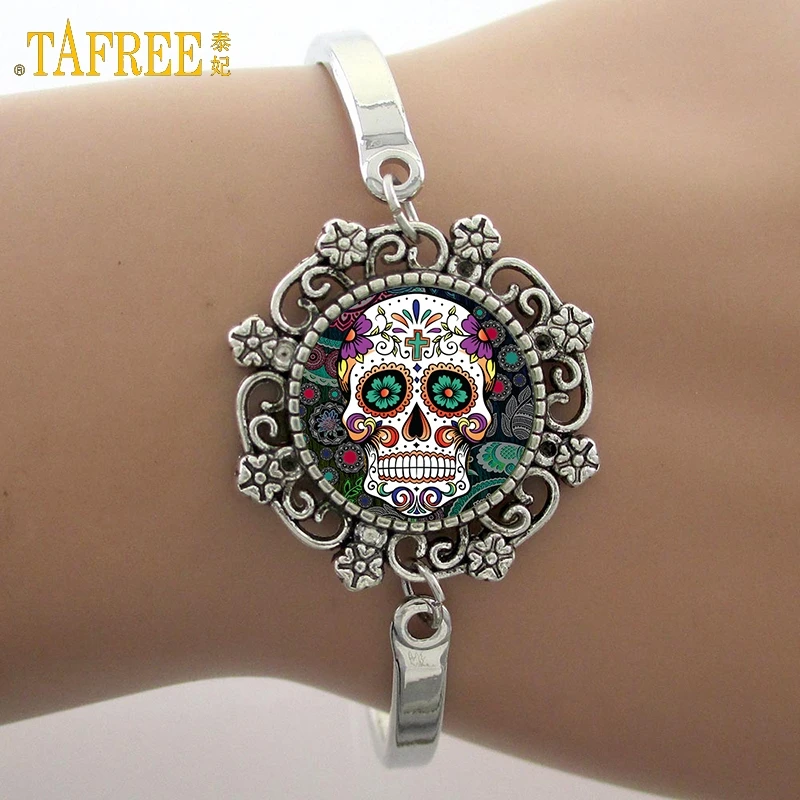 TAFREE Brand fashion Sugar Skull Bracelets Skeleton Glass Gem Lace Charm Photo Jewelry New Fashion Design High Quality Gift SK05