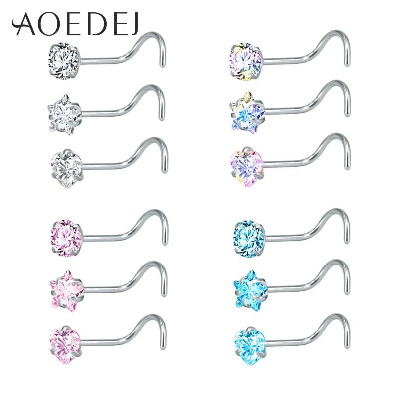 AOEDEJ 3 Pieces 1 Lot 20G Nostril Piercings CZ Crystal Piercing Nose Stud Stainless Steel Star Nose Rings Nariz Piercing Jewelry