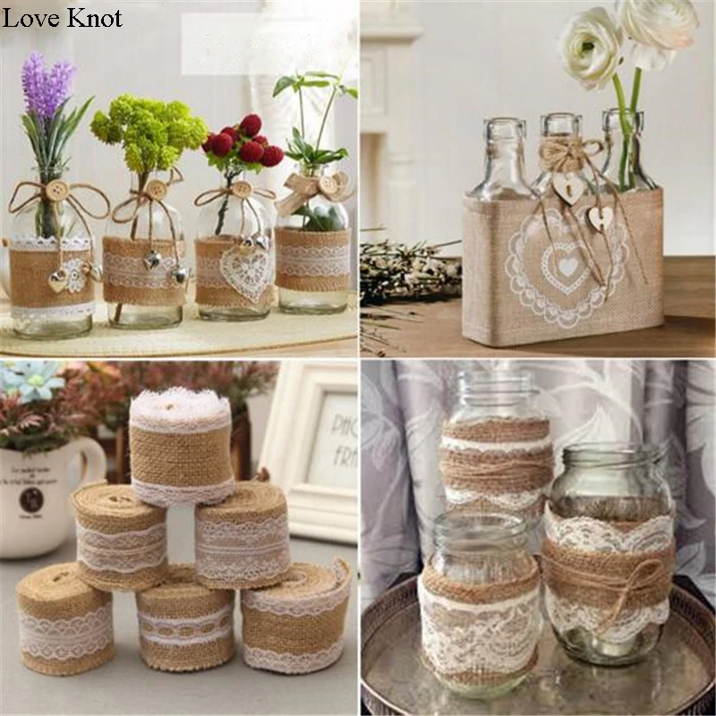 2Meter/Pcs Width 5cm Jute Burlap Rolls Hessian Ribbon With Lace Vintage Rustic Wedding Decoration Ornament Burlap Wedding Favor