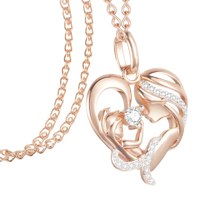FJ Women Femme 585 Rose Gold Color Mother Baby Shaped Cubic Zircon Pendant Heart Pendant Gift + Optioanl Necklace Chains Jewelry