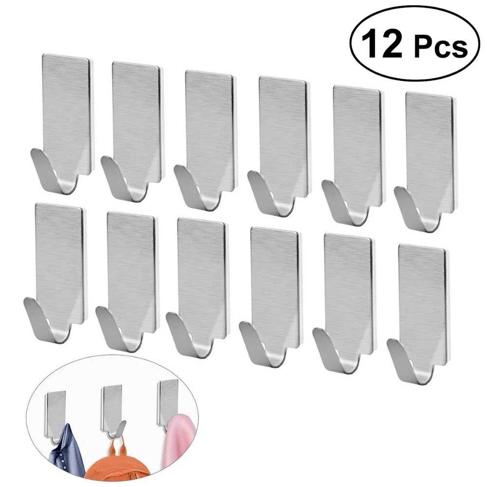 12pcs Adhesive Stainless Steel Towel Hooks Family Robe Hanging Hooks Hats Bag Key Wall Hanger Hook Bathroom Towels Hanger
