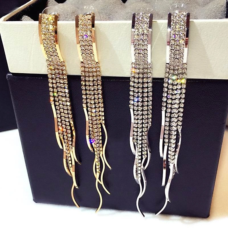 Statement Crystal Tassel Earrings For Women Gold Color Big Long Earrings With Stones Luxury Party Jewelry Bijoux Gifts