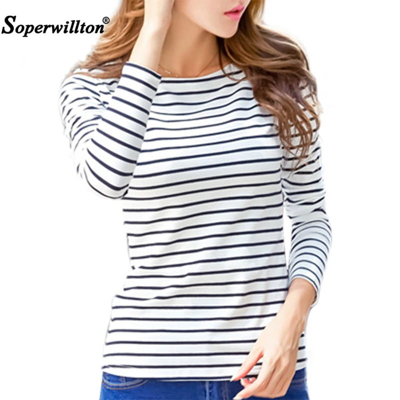 Soperwillton Cotton T-shirt Women 2021 New Autumn Long Sleeve O-Neck Striped Female T-Shirt White Casual Basic Classic Tops #620