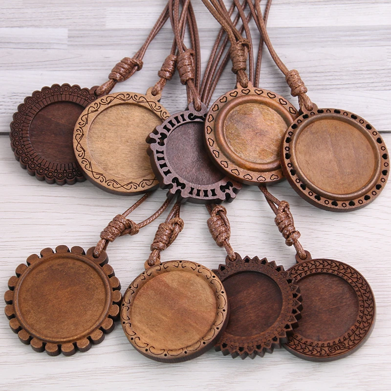 5pcs wood cabochon settings 25mm 30mm inner size blank cameo pendant base trays with leather cord for jewelry making 8D