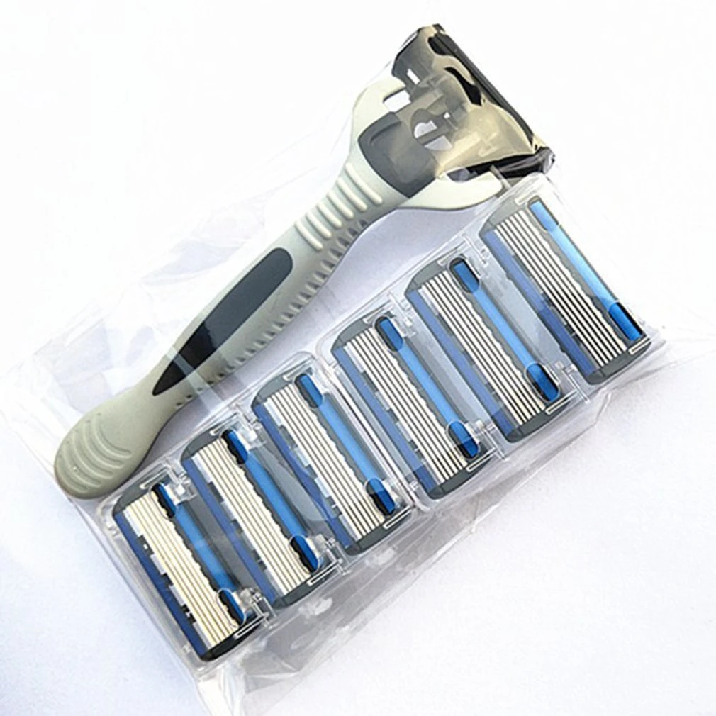 6-Layers Shaver Razor 1 Razor Holder + 7 Blades Head Cassette Shaving Razor Set Blue Body Face Hair Removal Knife Women Men