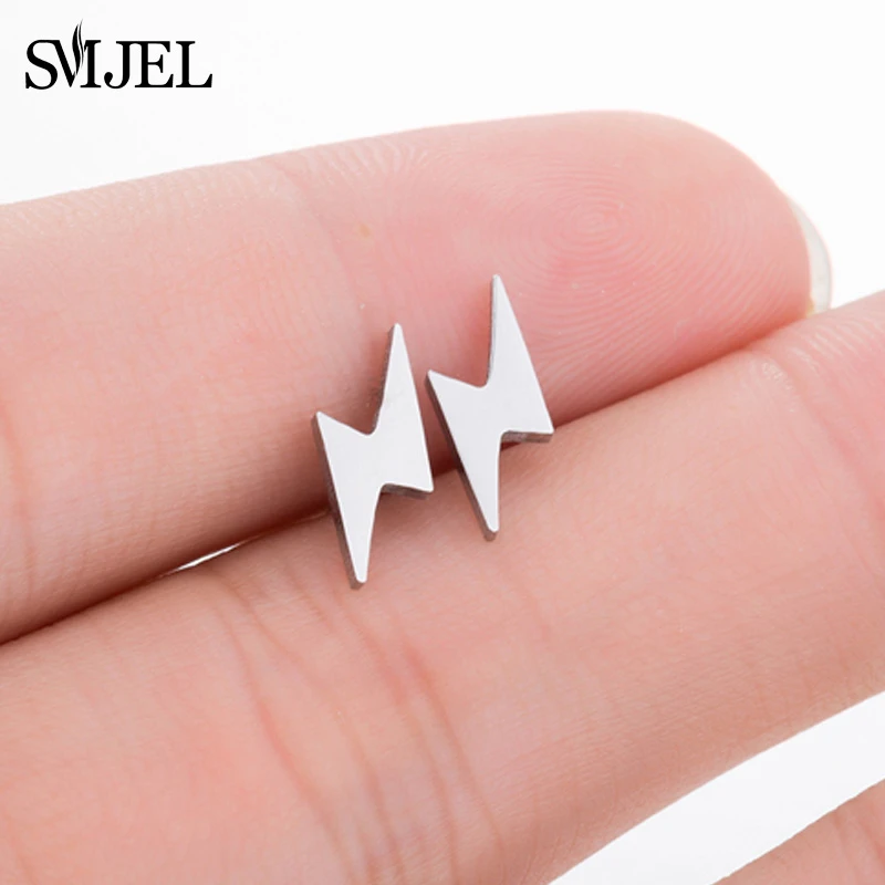 SMJEL Vintage Punk Thunder Earrings Pendientes Hombre Sliver Lightning Bolt Stud Earrings For Women Men Stainless Steel