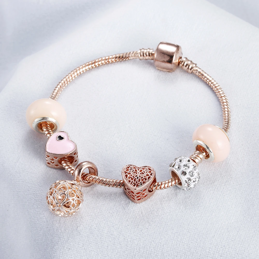 Trend Rose Gold Bracelet Cherry Blossom Tassel Ball Crystal Bead Pendant Charm Bracelets & Bangles For Women Jewelry Girl Gifts