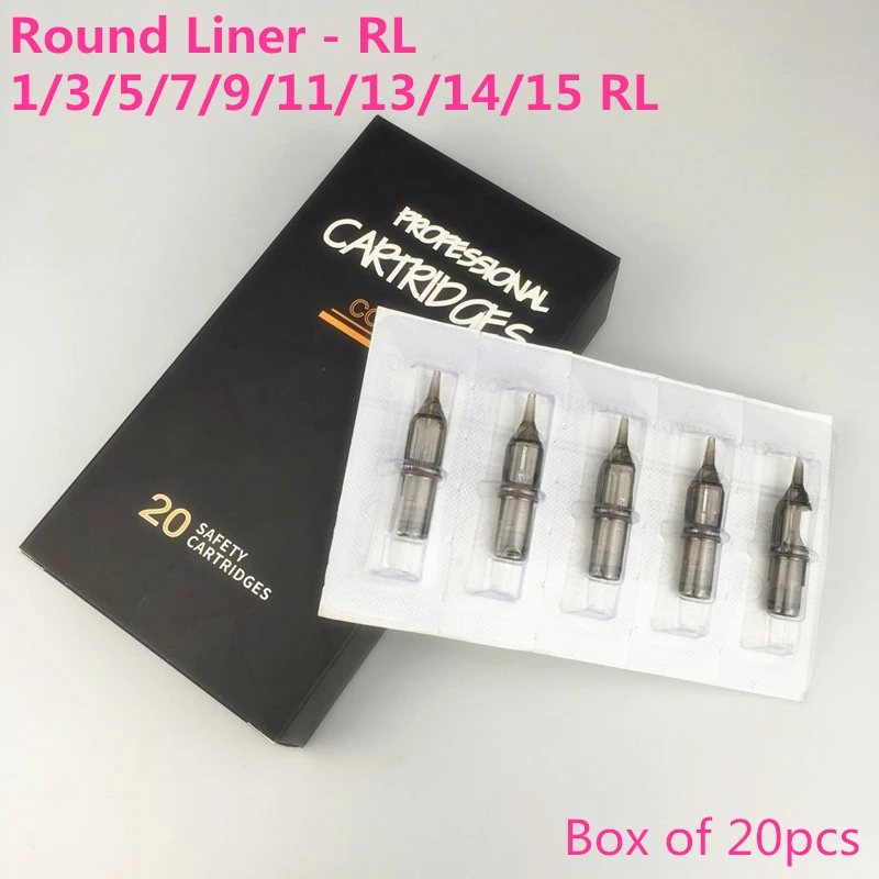 Box Of 20PCS 0.30/0.35mm Premium Gray Tattoo Needle Cartridges - Round Liner 1/3/5/7/9/11/13/14/15RL