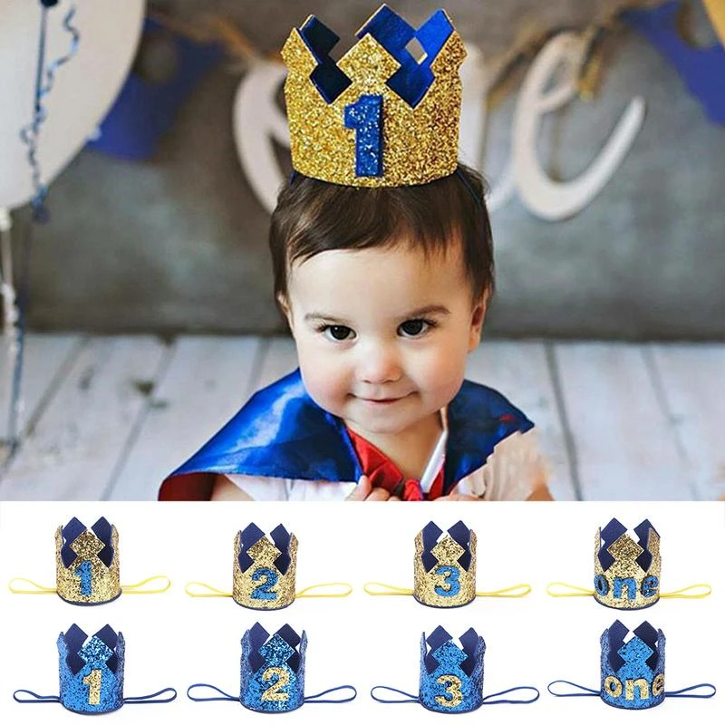 1 2 3 Years Old Birthday Hat Baby Shower Decorative Headband Children's Party Crown Hat Blue Gold  Birthday Crown Party Hats