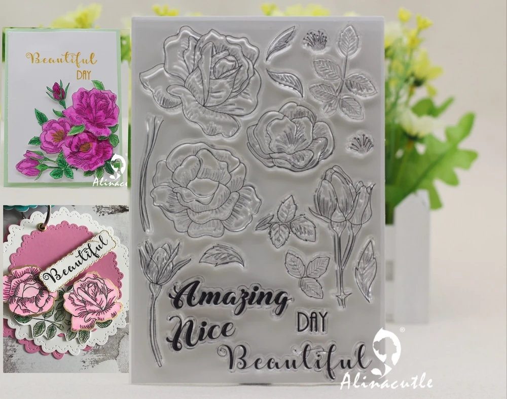 AlinaCraft CLEAR STAMPS  floral flower leaf rose beautiful summer Scrapbook Card album paper craft rubber roller silicon stamps
