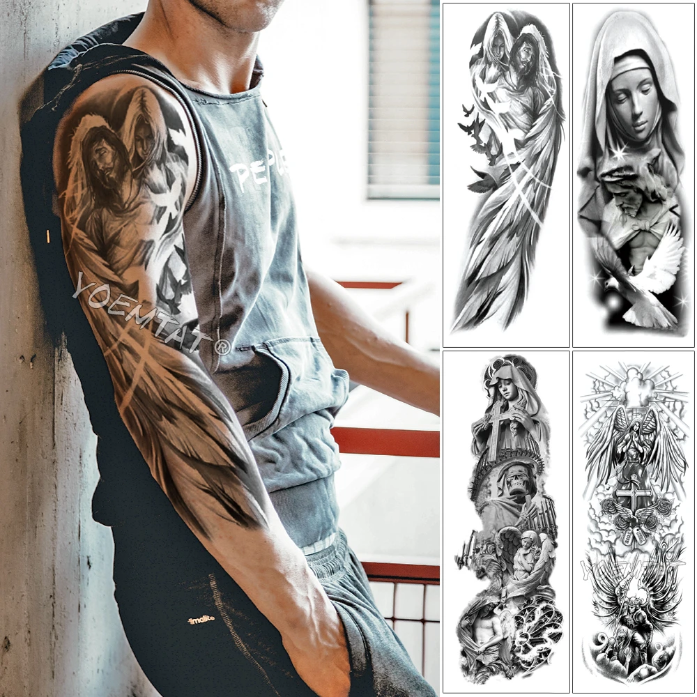 Large Arm Sleeve Tattoo Angel Wings Pigeon Jesus Waterproof Temporary Tattoo Sticker Holy Holiness Men Full Skull Totem Tattoo