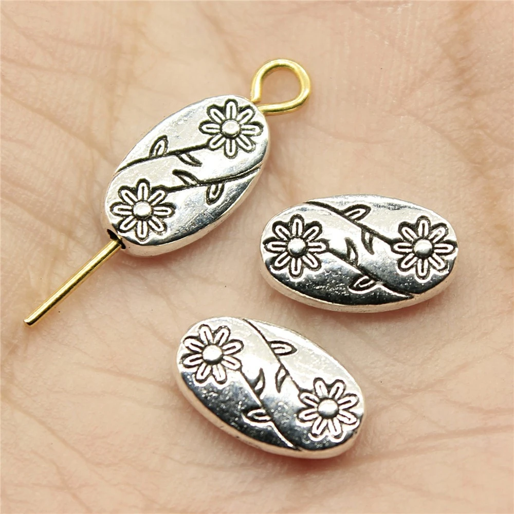 WYSIWYG 20pcs 10x6x3mm Flower Charms Beads Antique Silver Color Oval Flower Charms Beads Flower Oval Small Hole Spacers Beads