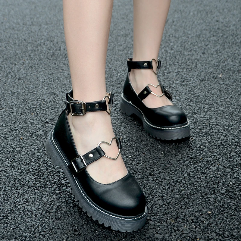 Dropship Student Shoes College Girl Lolita  Loafers Women Creepers Cosplay Jk Flats Pu Leather Heart-Shaped Platform Goth Punk