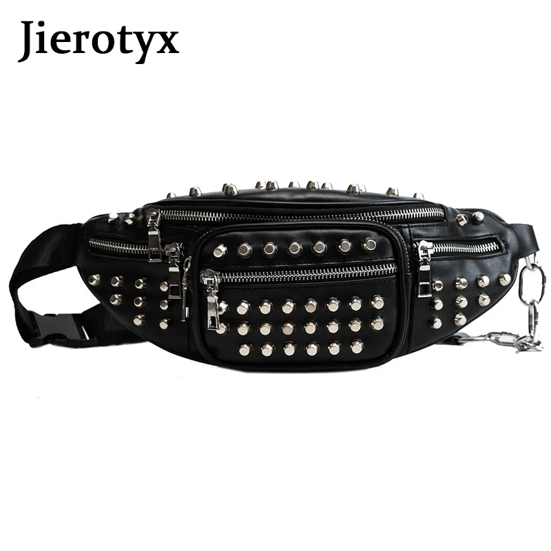 JIEROTYX Sexy Rivets Waist Packs Waist Bag Fanny Pack Purse Chest Fanny Pack Travel Cashier Belt Bag Women Hip-hop Rock Punk