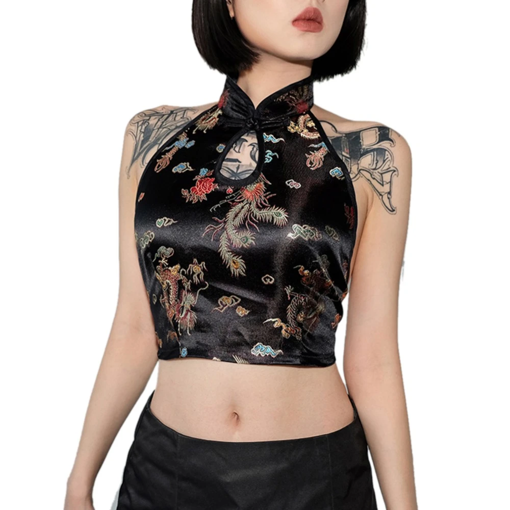 Chinese Style Cheongsa Vintage Dragon Embroidery Crop Top Women Summer Lace Up Halter Tops Sexy Backless Hollow Bandage Tank