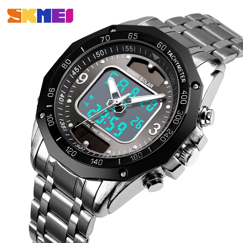 Sport Watches Men's Solar Led Digital Quartz Watch Men Clock Full Steel Waterproof Wrist Watch relojes hombre 2019 SKMEI