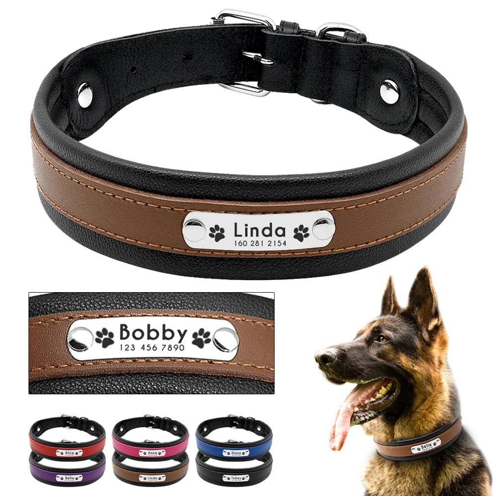 Large Dog Collar Genuine Leather Dog Collar Personalized Pet Name ID Collar Padded Customized For Medium Large Dogs