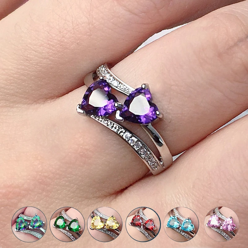 Huitan Stylish Female Rings Silver-plated Double Heart-Shaped Cubic Zircons Wedding Ring For Women Girls Nice Gift For Birthday