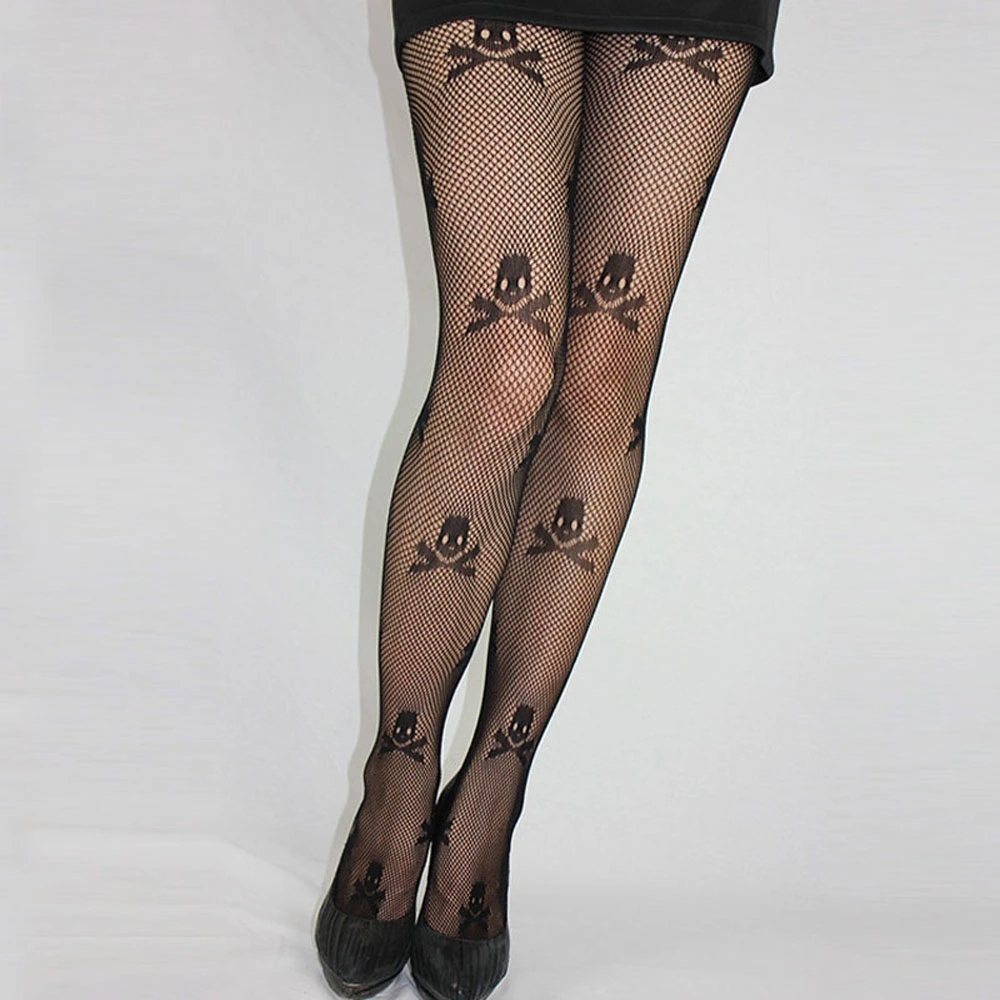 1 pc Sexy Stay Up Thigh high Tights Fishnet Mesh Skull Print Punk Stretch Pantyhose For Women Skeleton Printed Stockings