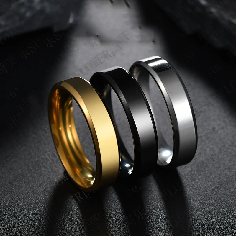 2020 6mm Titanium Steel Black Finger Rings Set For Man Silvery Plated Ring For Women Golden-color Jewelry Female Wedding Ring