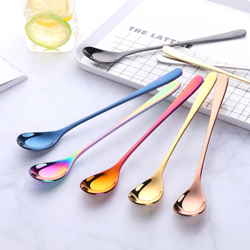 1PC 18/10 Stainless Steel Long Handle Ice Spoon 9 Color Rainbow Tableware For Coffee&Tea Ice Cream Dessert Stirring Spoons Scoop