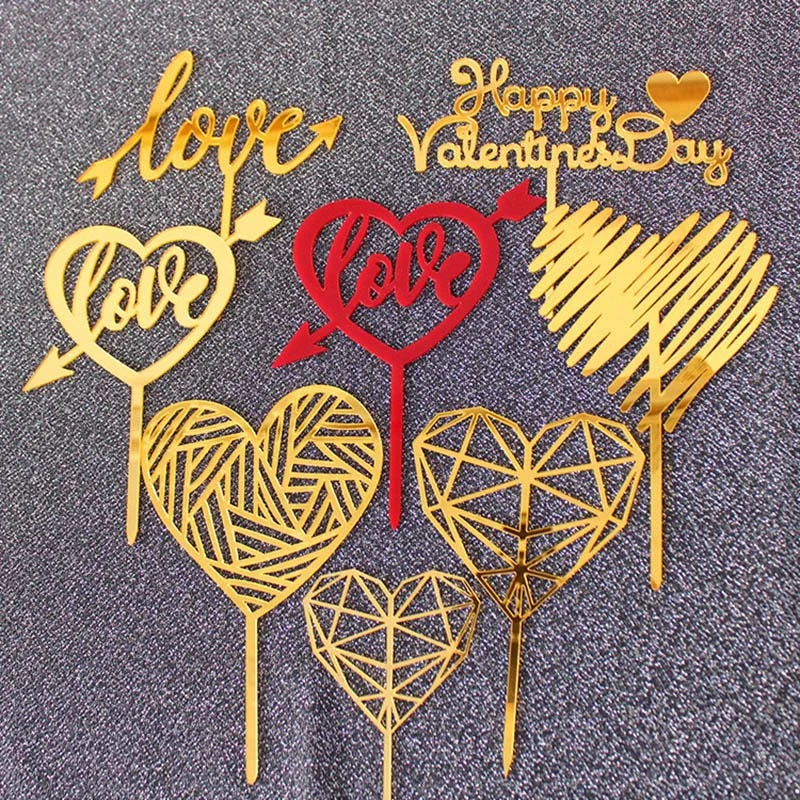 New LOVE Wedding Acrylic Cake Topper Gold Red Heart Cupcake Topper For Anniversary Happy Valentine's Day Cake Decorations 2022