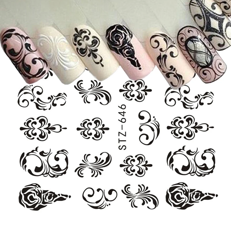 1pcs Black Lace Nail Stickers Water Flower Design Transfer Slider Geometry Foil Manicure Tattoo Nail Art Decoration TRSTZ638-658