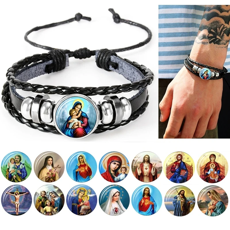 Christian Jesus Charm Black Leather Bracelet Adjustable Man Handmade Wristband Weave Bangle Bracelet Jewelry Bracelet for Christ