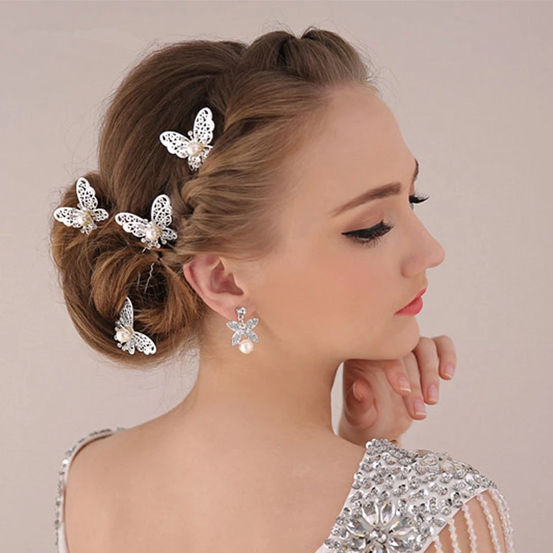New Wedding Accessories Pearl Hair Jewelry Headwear Charm Silver Plated Butterfly U Shape Hairpin Hair Sticks For Bridal F1608