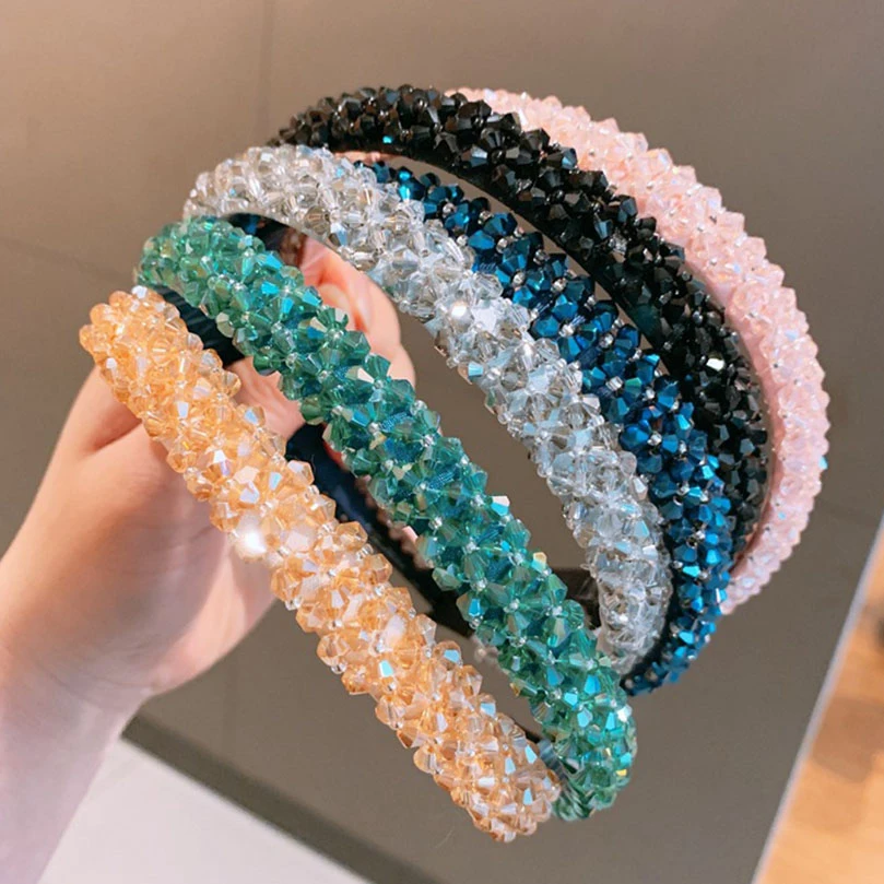 AWAYTR Solid Color Luxury Rhinestone Headband Women Beads Bezel Hair hoop Korea Hairband Girls Bride Wedding Hair Accessories