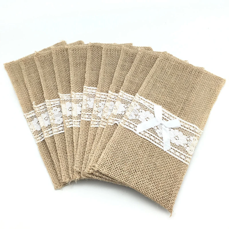 10pcs Natural Jute Burlap Cutlery Holders Packaging Fork and Knife for Wedding , Party Decoration 11*21cm   AA8016