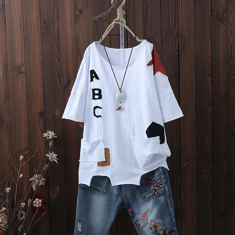 F&je New Arrival Summer Women T Shirt Plus Size Irregularity Loose Casual Tops Tee Shirt Femme Cotton Short Sleeve Tshirt D31