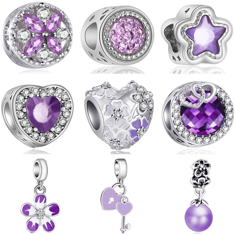 Purple Color Crystal Flowers Balloon Eggplant Hearts Simulated Pearl Charms Beads Fit Pandora Charms Bracelets for Women DIY