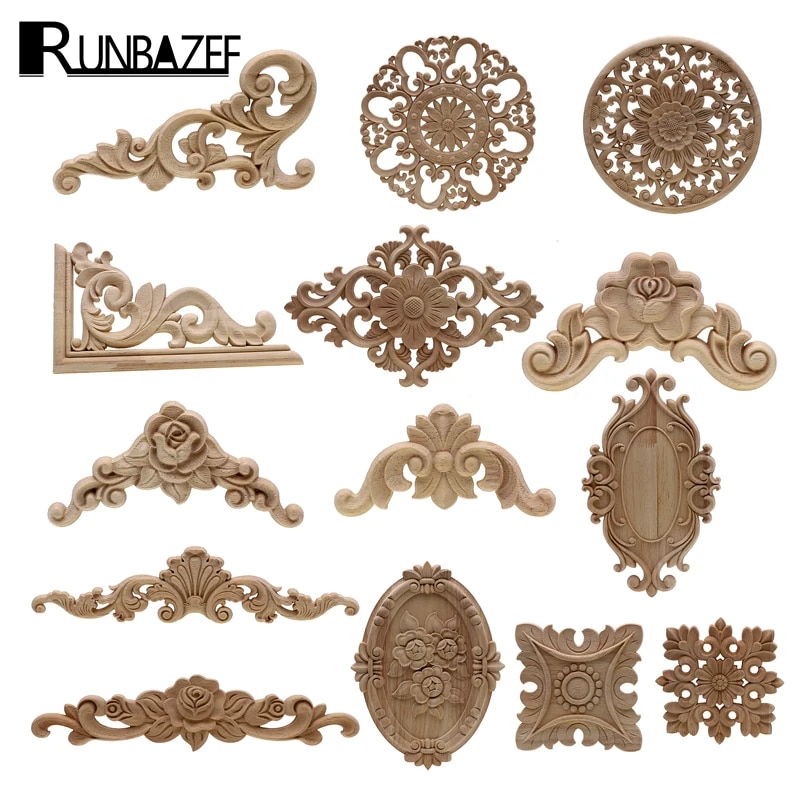 1Pc Unique Natural Floral Wood Carved Wooden Figurines Crafts Corner Appliques Frame Wall Door Furniture Woodcarving Decorative