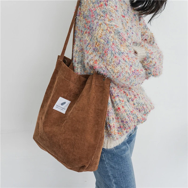 Women Corduroy Canvas Shoulder Bags Female Eco Cloth Handbag Tote Grocery Reusable Foldable Shopping Bag Cotton Lining Pouch