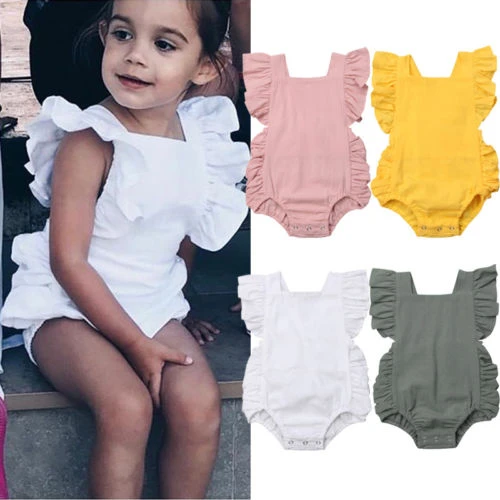 Newborn Baby Girl Ruffled Solid Color Sleeveless Backless Romper Jumpsuit Outfit Sunsuit