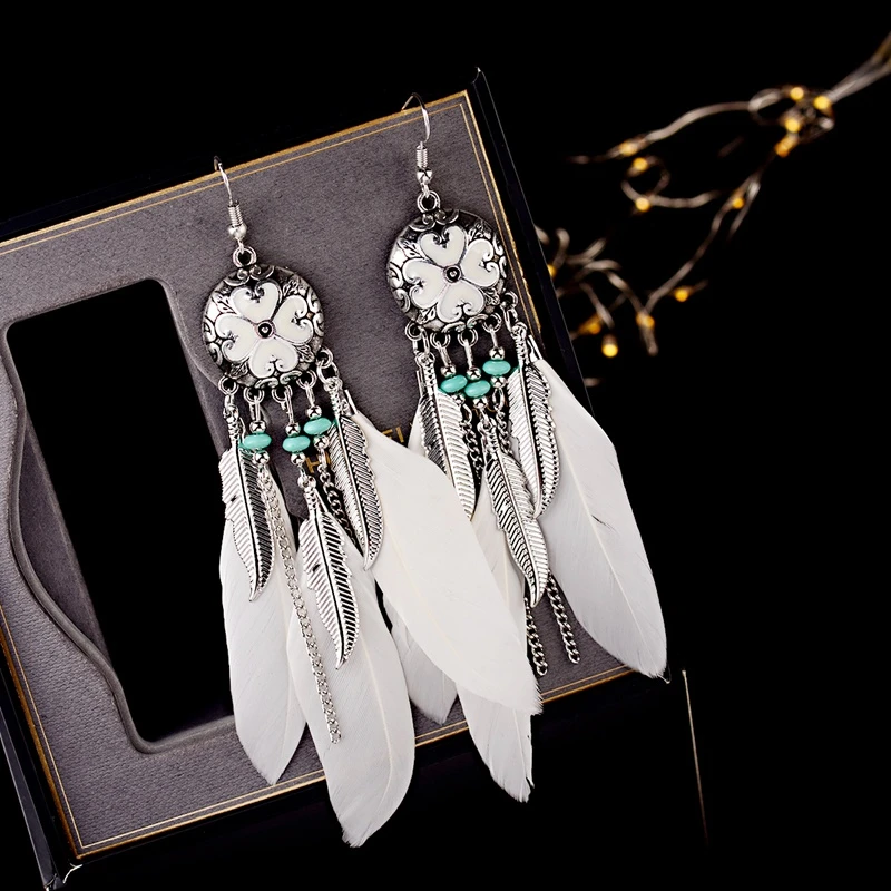 Fashion Women White Boho Feather Earrings Tibetan Jewelry Brincos Bijoux Vintage Bohemia Long Chain&Leaf Tassel Drop Earrings