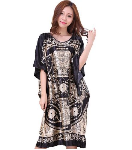 Novelty Print Black Female Satin Robe Dress Nightgown Novelty Women's Kaftan Bath Gown Summer Lounge Homewear Plus Size 6XL